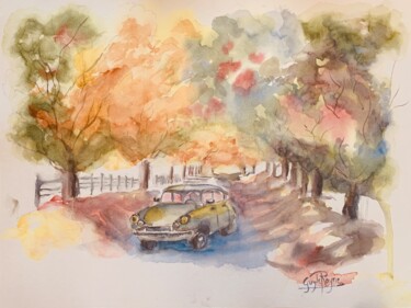 Painting titled "Une DS dans la forêt" by Guyle Rayne, Original Artwork, Watercolor