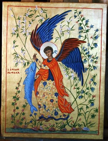 Painting titled "Saint Raphaël" by Jean Guyou, Original Artwork, Tempera