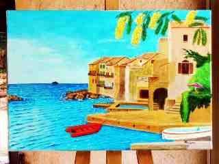Painting titled "Cabanons et mimosas" by Jean Guyou, Original Artwork, Oil