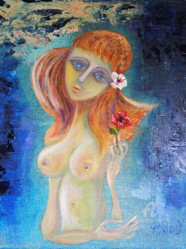 Pintura intitulada "Ingénue à la fleur" por Guyrichd, Obras de arte originais