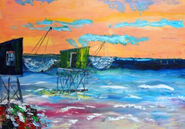 Peinture intitulée "Carrelets baie d'Yv…" par Guyrichd, Œuvre d'art originale, Huile