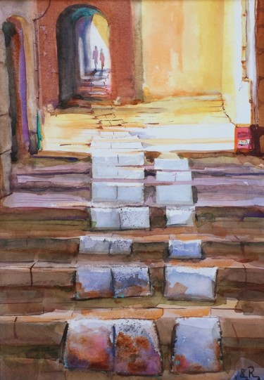 Painting titled "Les marches à rampes" by Guy Rossey, Original Artwork, Watercolor