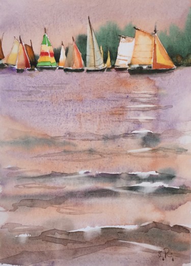 Peinture intitulée "Voiles à contre-jour" par Guy Rossey, Œuvre d'art originale, Aquarelle