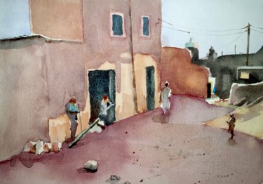 Painting titled "Dans la bourgade" by Guy Rossey, Original Artwork, Watercolor