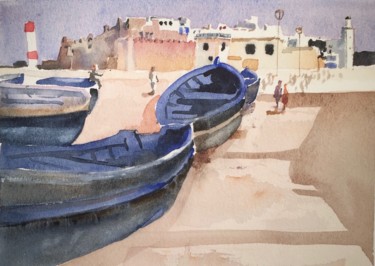 Pintura intitulada "Les barques bleues" por Guy Rossey, Obras de arte originais, Aquarela