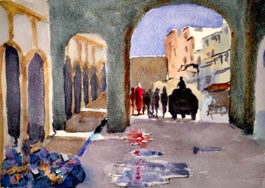 Painting titled "Animation matinale" by Guy Rossey, Original Artwork, Watercolor