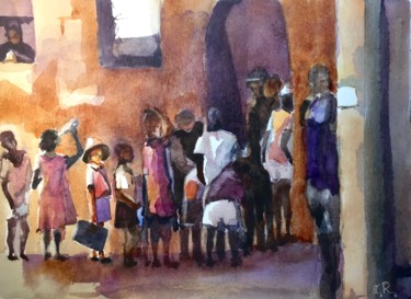 Painting titled "L'ecole" by Guy Rossey, Original Artwork, Watercolor
