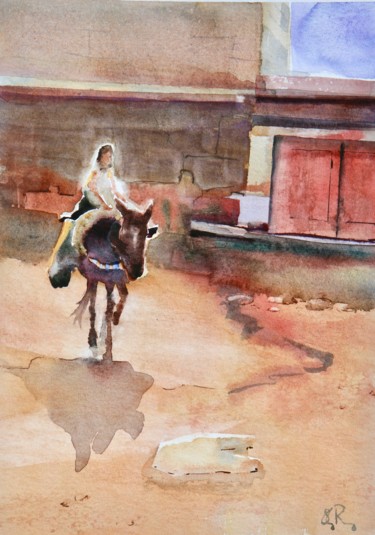 Painting titled "Retour au village" by Guy Rossey, Original Artwork, Watercolor