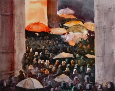 Malerei mit dem Titel "La foule" von Guy Rossey, Original-Kunstwerk, Aquarell