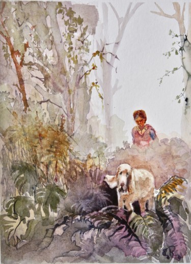 Ζωγραφική με τίτλο "La promenade" από Guy Rossey, Αυθεντικά έργα τέχνης, Ακουαρέλα
