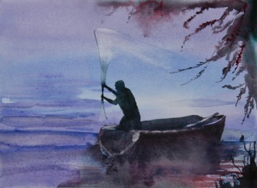 Painting titled "La pêche nocturne" by Guy Rossey, Original Artwork, Watercolor