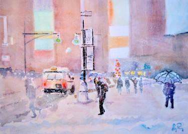 Painting titled "Neige sur la ville" by Guy Rossey, Original Artwork, Watercolor