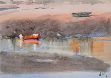 Pintura intitulada "La barque amarrée" por Guy Rossey, Obras de arte originais, Aquarela