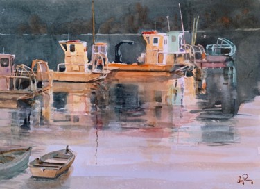 Painting titled "Les bateaux alignés" by Guy Rossey, Original Artwork, Watercolor
