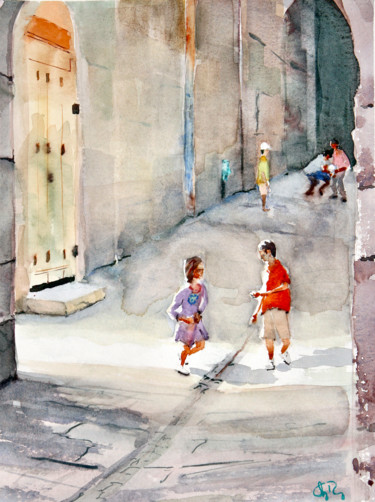 Malerei mit dem Titel "Les petits maradona" von Guy Rossey, Original-Kunstwerk, Aquarell