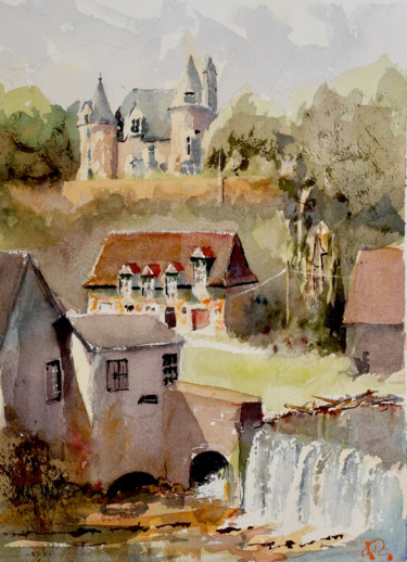 Painting titled "Les forges au bord…" by Guy Rossey, Original Artwork, Watercolor