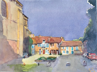 Painting titled "La place de l'église" by Guy Rossey, Original Artwork, Watercolor