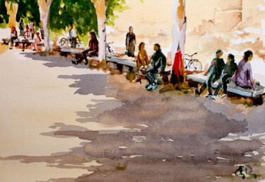 Malerei mit dem Titel "Les bancs de jeunes" von Guy Rossey, Original-Kunstwerk, Aquarell