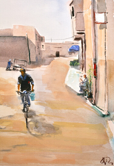 Painting titled "Le cycliste" by Guy Rossey, Original Artwork, Watercolor