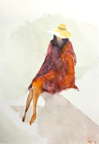 Peinture intitulée "La dame en rouge" par Guy Rossey, Œuvre d'art originale, Aquarelle