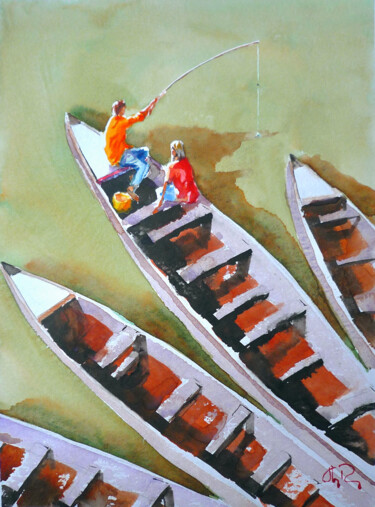 Pintura titulada "Les barques" por Guy Rossey, Obra de arte original, Acuarela