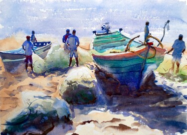 Painting titled "Retour des pêcheurs" by Guy Rossey, Original Artwork, Watercolor