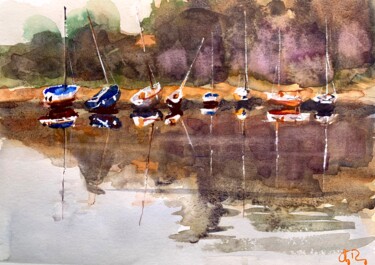 Painting titled "Reflets de voiliers" by Guy Rossey, Original Artwork, Watercolor