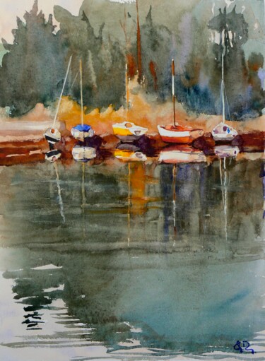 Painting titled "Les voiliers accost…" by Guy Rossey, Original Artwork, Watercolor