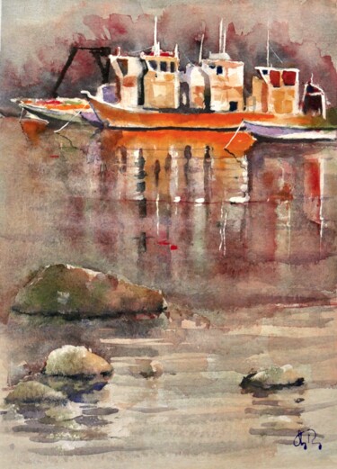 Malerei mit dem Titel "Les plates dorées" von Guy Rossey, Original-Kunstwerk, Aquarell