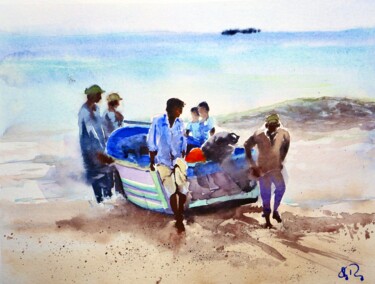 Peinture intitulée "La barque mise à l'…" par Guy Rossey, Œuvre d'art originale, Aquarelle