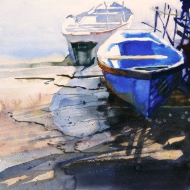 Painting titled "The blue boat" by Guy Rossey, Original Artwork, Watercolor