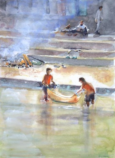 Schilderij getiteld "On the bank of the…" door Guy Rossey, Origineel Kunstwerk, Olie