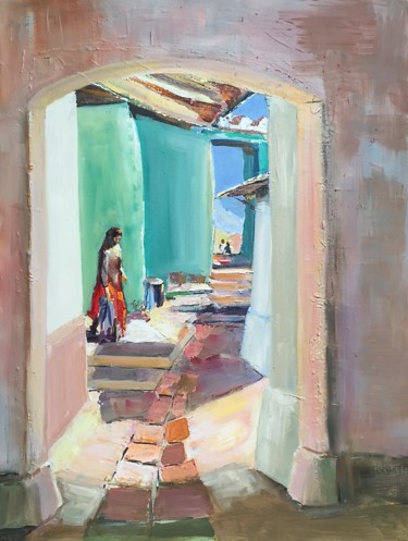 Malerei mit dem Titel "Sunny street in a m…" von Guy Rossey, Original-Kunstwerk, Acryl