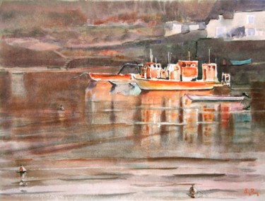 Schilderij getiteld "The Bay of Le Logeo…" door Guy Rossey, Origineel Kunstwerk, Aquarel