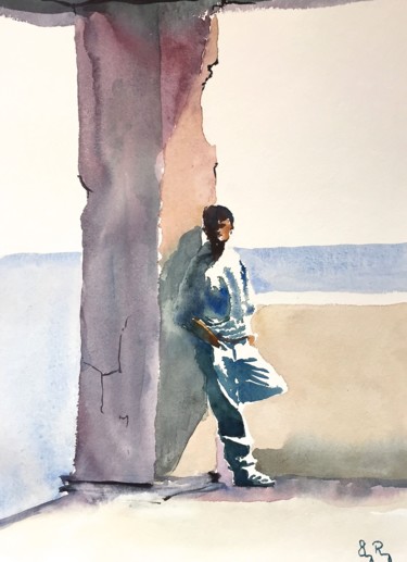 Painting titled "Leaning on the pilar" by Guy Rossey, Original Artwork, Watercolor
