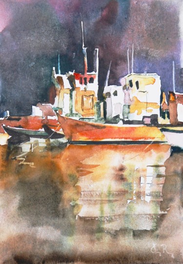 Peinture intitulée "All moored" par Guy Rossey, Œuvre d'art originale, Aquarelle