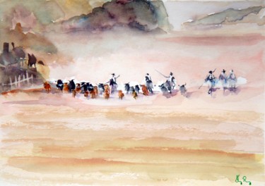 Pittura intitolato "Le troupeau de taur…" da Guy Rossey, Opera d'arte originale, Acquarello