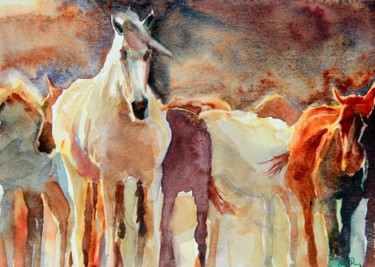 Peinture intitulée "La harde de chevaux" par Guy Rossey, Œuvre d'art originale, Aquarelle