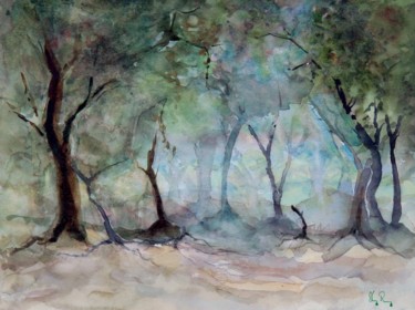Painting titled "Sous-bois" by Guy Rossey, Original Artwork, Watercolor