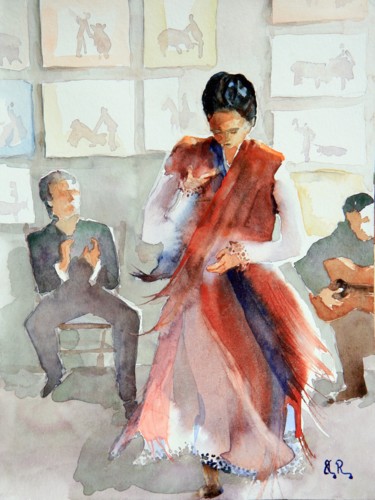 Картина под названием "La danseuse de flam…" - Guy Rossey, Подлинное произведение искусства, Акварель