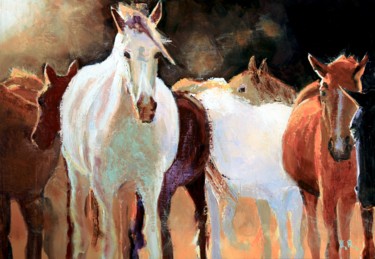 Painting titled "The herd of horses" by Guy Rossey, Original Artwork, Oil