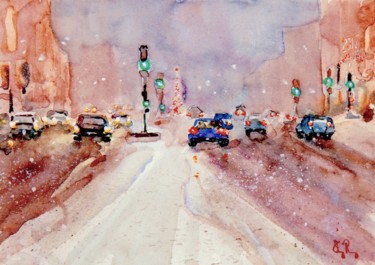 Pintura intitulada "Ville en hiver" por Guy Rossey, Obras de arte originais, Aquarela