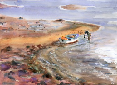 Painting titled "Retour de pêche" by Guy Rossey, Original Artwork, Watercolor
