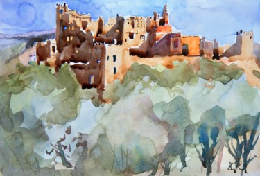 Pintura intitulada "La kasbah de Tamdag…" por Guy Rossey, Obras de arte originais, Aquarela