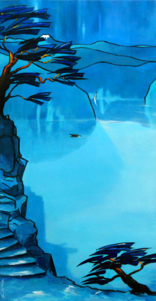Ζωγραφική με τίτλο "Tokyo, bleu triptyq…" από Guy Terrier, Αυθεντικά έργα τέχνης, Ακρυλικό