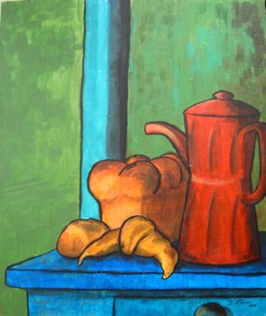 Schilderij getiteld "La cafetière rouge" door Guy Terrier, Origineel Kunstwerk, Olie