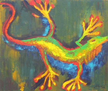 Painting titled "Le lezard" by Guy Terrier, Original Artwork, Oil