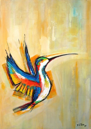 Painting titled "Le colibri" by Guy Terrier, Original Artwork, Acrylic Mounted on Wood Stretcher frame