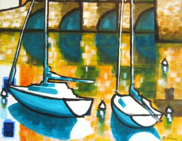 Painting titled "Deux bateaux au port" by Guy Terrier, Original Artwork, Oil