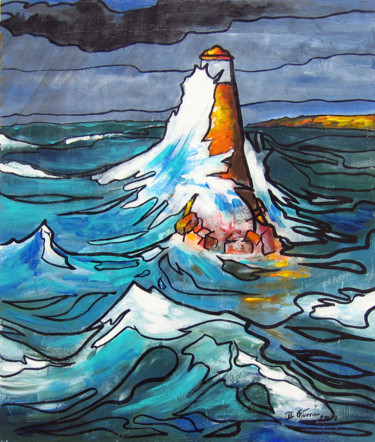Painting titled "Phare avant l'orage" by Guy Terrier, Original Artwork, Acrylic